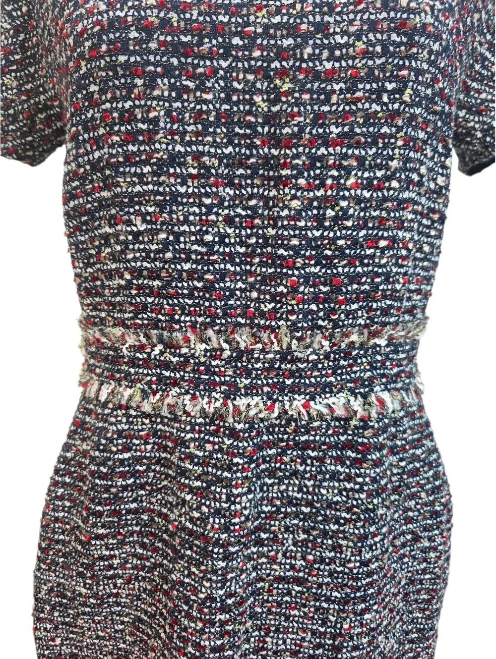 J.Crew Size 8 Tweed Sheath Dress Metallic Fringed Waist Short Sleeve Old Money